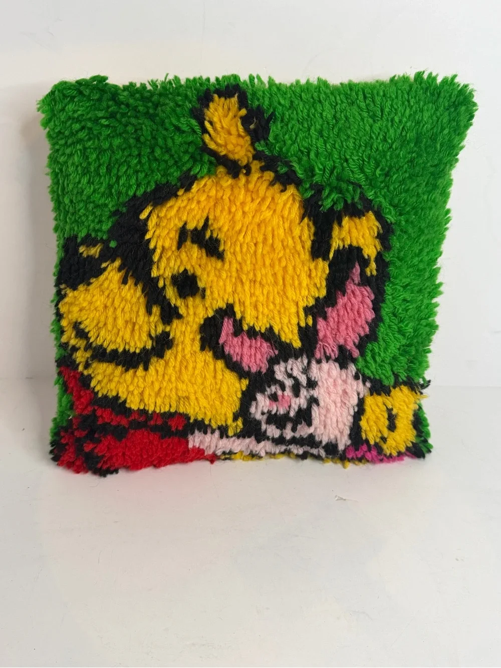 Vintage Winnie the Pooh & Piglet Latch Hook Pillow 12x12 Handmade Retro